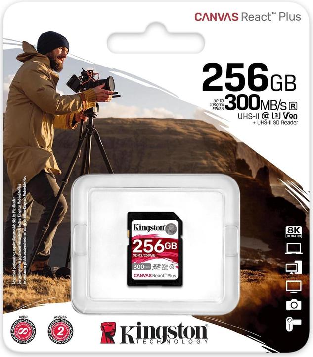 Productafbeelding Kingston Canvas React Plus SDXC UHS-II 300R/260W U3 V90 voor /4K/8K (256 GB, SDXC, U3, UHS-II)