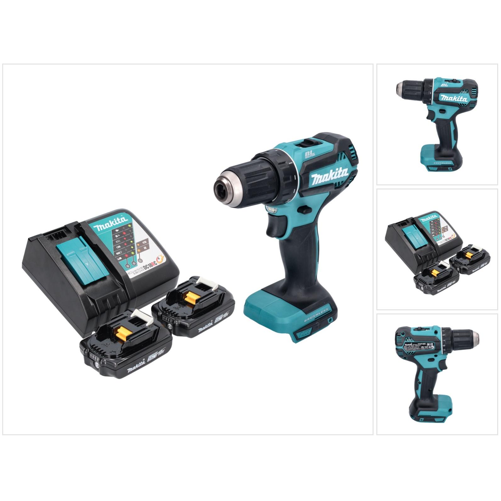 Makita, Bohrmaschine + Akkuschrauber, DDF 485 RA Akku Bohrschrauber 18 V 50 Nm Brushless + 2x Akku 2,0 Ah + Ladegerät (A...