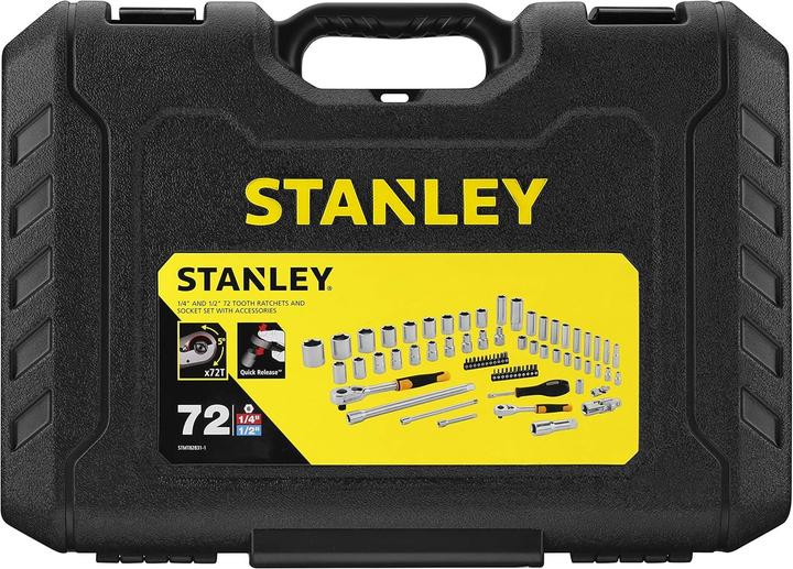 Produktbild Stanley Steckschlüsselsatz, 72-teilig, 1/2 Zoll, 1/4 Zoll, Vierkant, Typ Steckschlüssel- und Ratsch (21 mm)