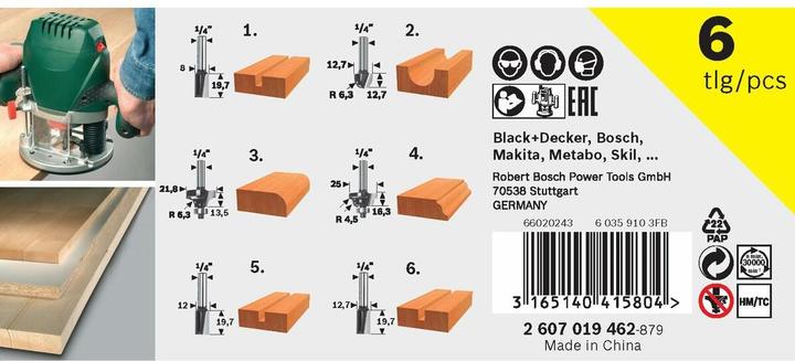 Produktbild Bosch Zubehör HM-Fräser-Set mit 6 mm Schaft, 6-teilig