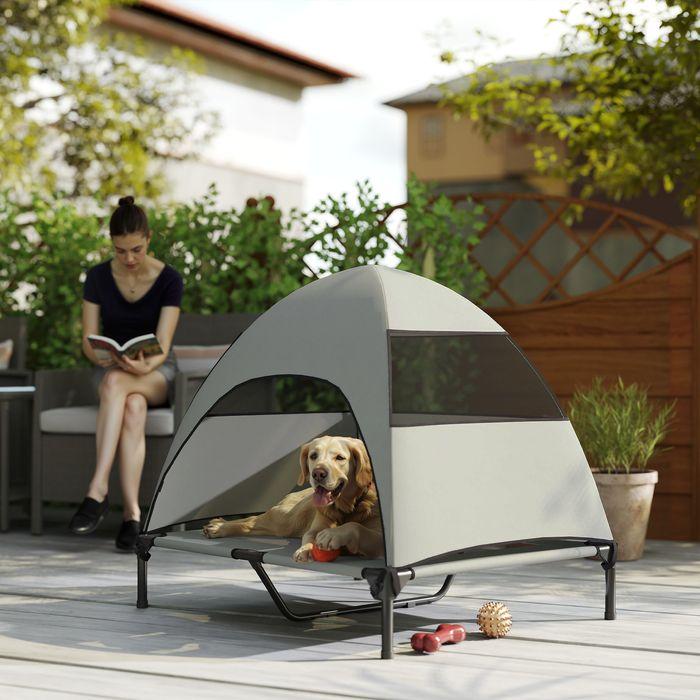 Produktbild Swisshandel24 Hundeliege Outdoor mit Dach, Erhöhtes Hundebett für Grosse Hunde, 91 x 76 x 90 cm, Hellgrau (Hund)
