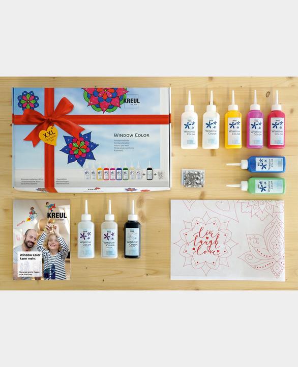 Image du produit Kreul Couleur de la fenêtre XXL (Bleu roi, Rouge rubis, Blanc neige, Faon, Jaune doré, Pink, Or scintillant, Noir, Mairün, Argent scintillant, 800 ml)