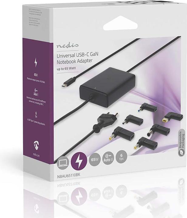 Immagine prodotto Nedis Adattatore per notebook | GaN | 65 W | 5 / 9 / 12 / 15 / 20 V DC | 2,4 / 3,0 / 3,25 A | Utilizzato (65 W)
