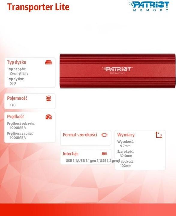 Immagine prodotto Patriot Transporter LT 1TB USB3.2 Type-C SSD 1000 MB/s Alluminio (1 TB)