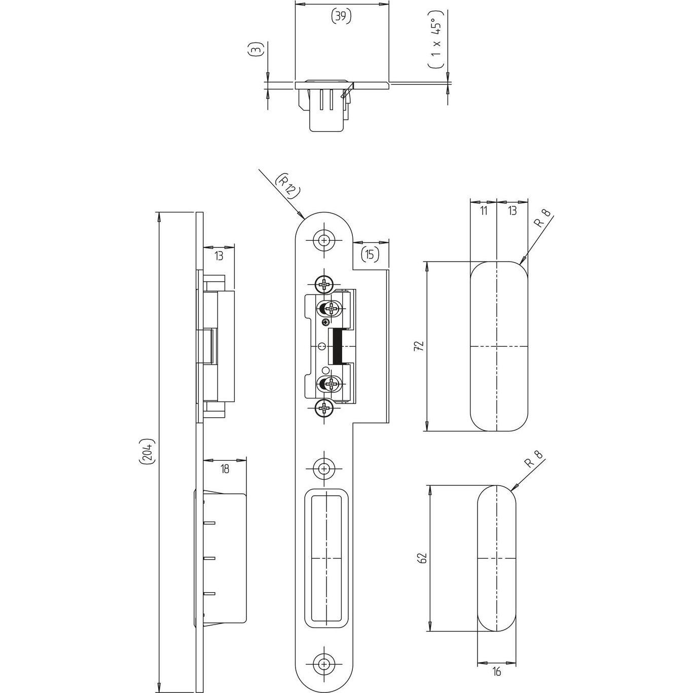 Thumbnail - KFV, Türgriff + Fenstergriff, Lappenschliessblech 8050 mit AT-Stück 115, 204 x 24 x 3mm, links, Edelstahl (Türschild)