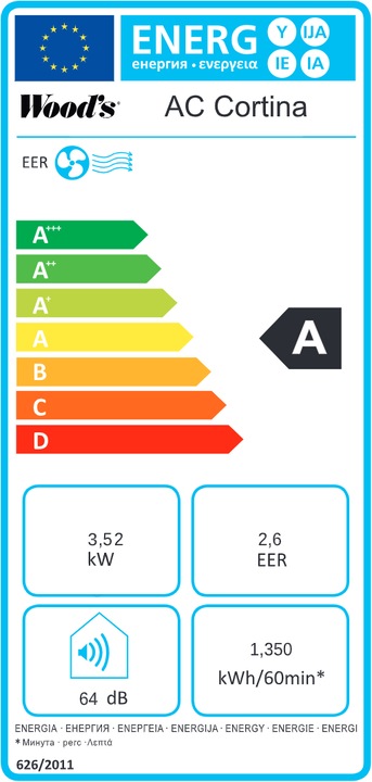 Label énergétique Wood's AC Cortina 12K Smart Home (42 m², 12000 BTU/h)