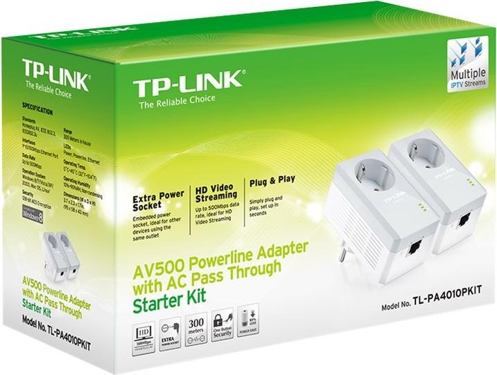 Produktbild TP-Link TL-PA4010PKIT AV500+ Powerline Kit with AC Pass Through - Powerline adapter kit - HomePlug A (600 Mbit/s)