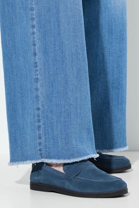 Immagine prodotto Ulla Popken Jeans modello Mary in denim elasticizzato con taglio della gamba ampio e orli sfrangiati (30)