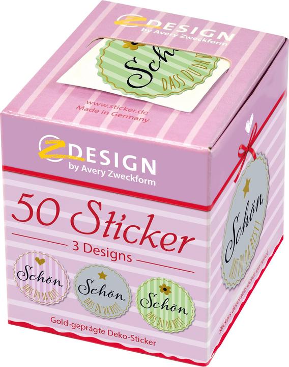 Produktbild Avery Dennison Zweckform ZDesign Sticker "Schön, dass du da bist!" auf Rolle, Etiketten aus Papier, gold geprägt, s
