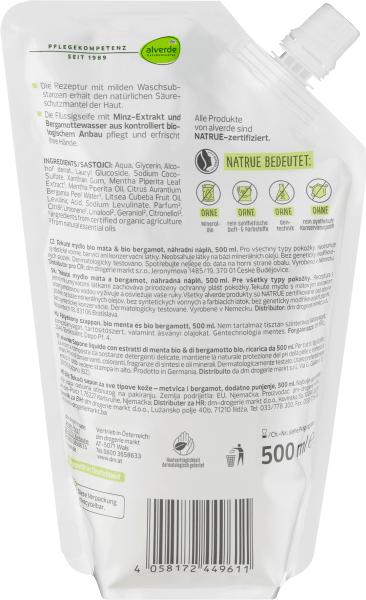 Produktbild dm alverde Flüssigseife Bio-Minze Bio-Bergamotte (Handseife Nachfüllpackung, 500 ml)