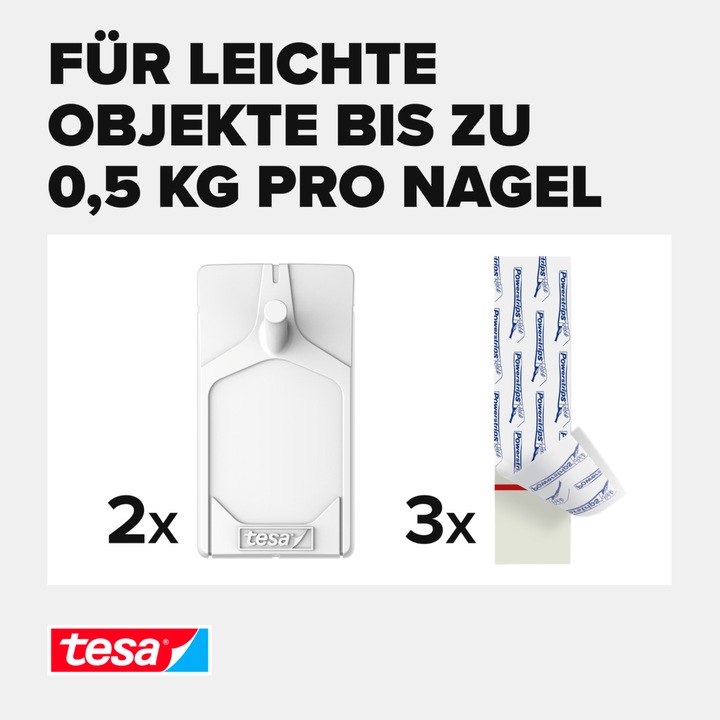 Produktbild tesa Klebenagel für Tapete & Putz, 0,5kg Halteleistung, spurlos ablösbar & wiederverwendbar, 2 Nägel