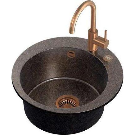 Steiner, Waschbecken, ART JAMES 210 (Ø51x20) Steingran Art Copper Black Pearl with Hand Siphon, Naomi Faucet and Back Ca...