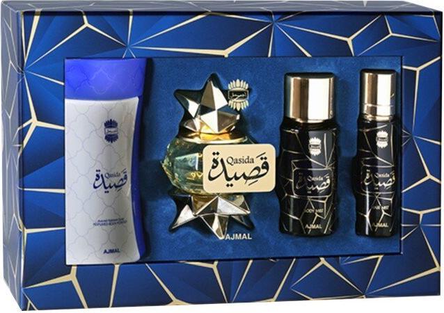 Actual product image Ajmal Qasida Gift Set Edp 60 Ml, Body Powder 80 G, Body Mist 50 Ml, And Hair Mist 30 Ml (Fragrance set)
