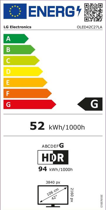 Label énergétique LG OLED42C27LA (42", C2, OLED, 4K, 2022)