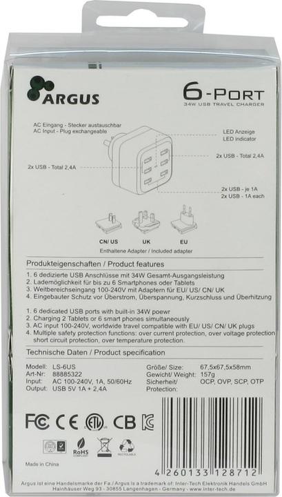 Produktbild Intertech 6xUSB, LED, 2.4/1.2/1 A (34 W, 6 Ports)