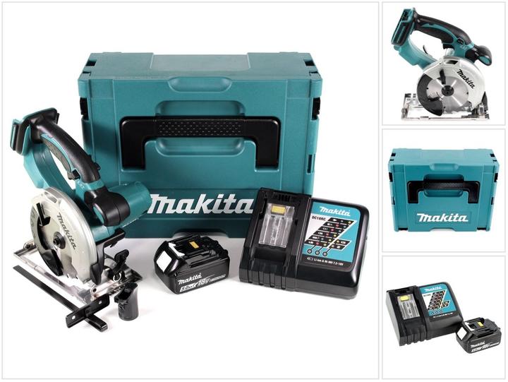1x Makita DSS 501 18V Li-ion Akku Handkreissäge, 1x Makita DC18RC Schnellladegerät, 1x Makita BL 1850 B 5,0 Ah Li-Ion Akku, 1x Makpac 3 Systemkoffer, 1x passende Schaumstoffeinlage