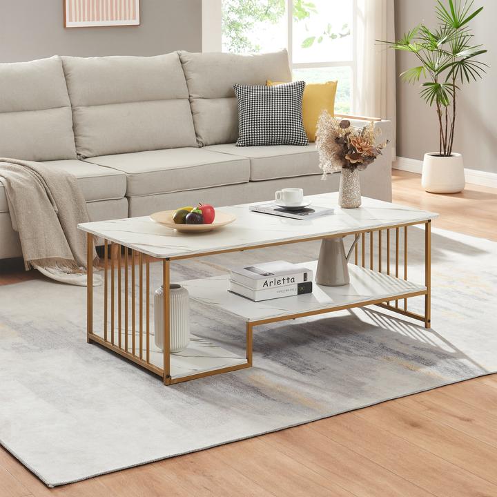 Produktbild En.Casa Couchtisch Klibro 120x60x42 cm Marmoroptik, weiss/Goldfarben