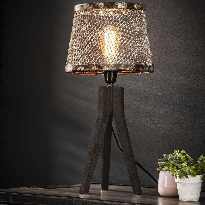 Produktbild famlights Tischleuchte Xenia aus massivem Holz und Metall in Silber (E27)