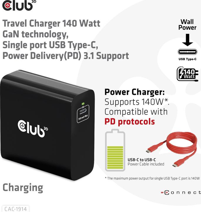 Image du produit Club 3D Club3D chargeur 1xUSB type C, PD 140W retail (140 W)