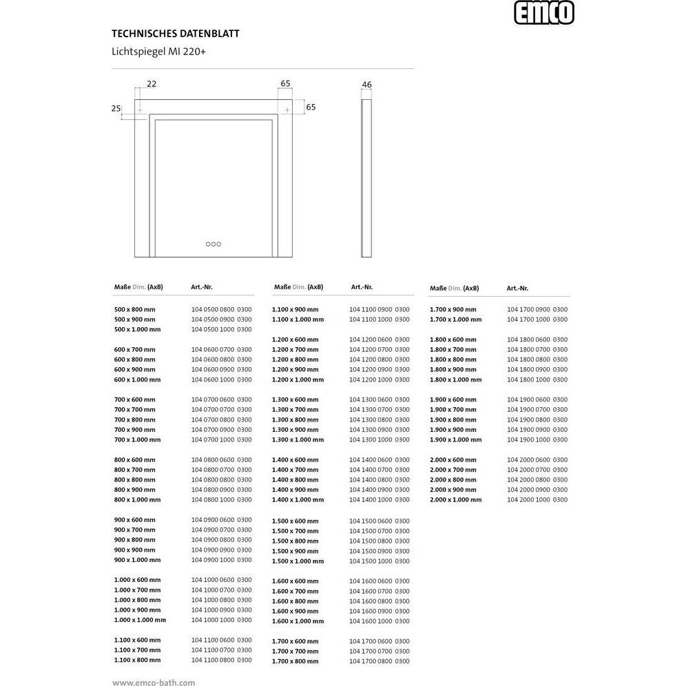 Thumbnail - Emco, Spiegelschrank, MI 220+ LED-Lichtspiegel, drei Lichtausschnitte, Touch-Bedienfeld, Breite 700mm, 1040700