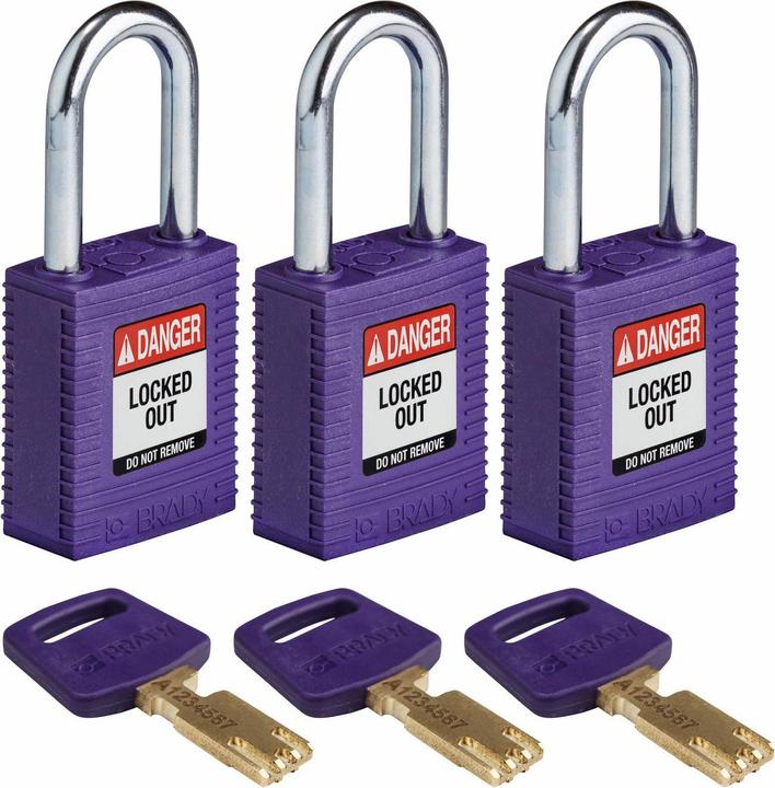 Actual product image Brady Safekey nylon safety lock with steel shackle, purple, 38 mm shackle height, 6.4 mm shackle diameter