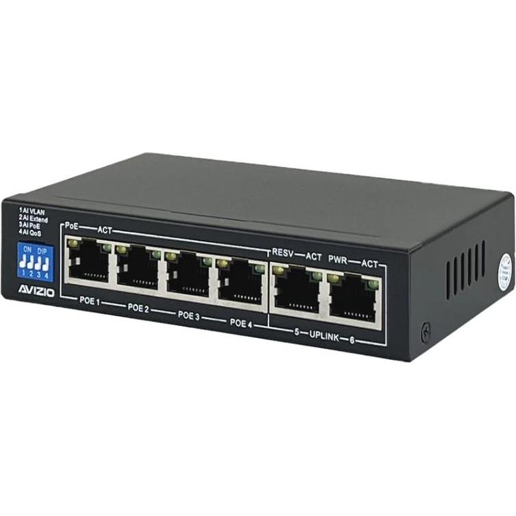 Thumbnail - Avizio Switch 4x RJ45 PoE 1Gb/s + 2x RJ45 Uplink 1Gb/s (6 Ports), Netzwerk Switch, Schwarz