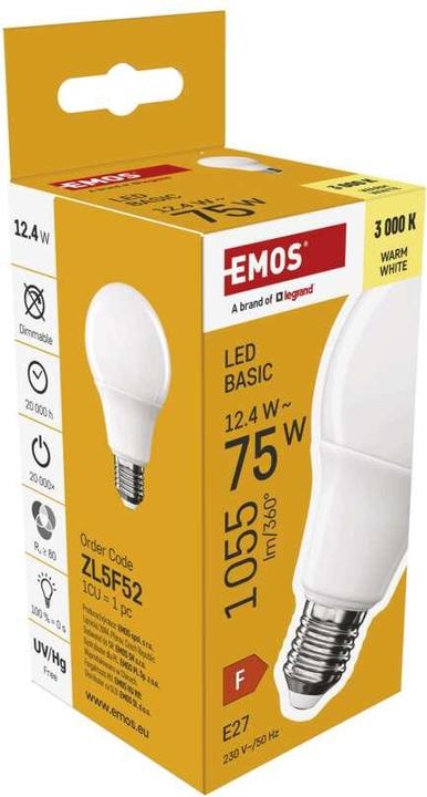 Image du produit Emos Lampe LED Basic A60 / E27 / 12,4 W (75 W) / 1055 lm / Blanc chaud (E27, 1055 lm, 1 x)