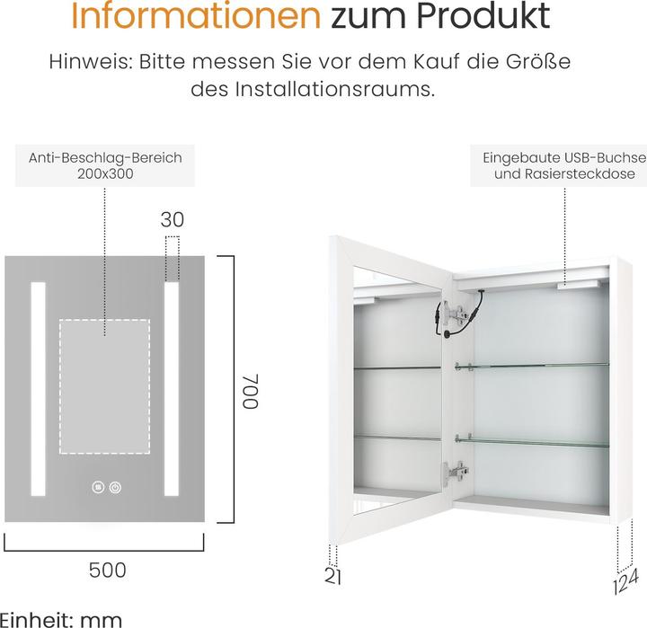 Actual product image Emke Badezimmerschrank mit Beleuchtung 70x50 cm, Mattweiss, Schminkschrank, dimmbar, Antibeschlag