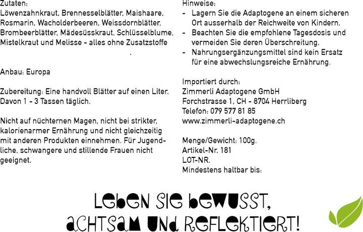Nährwerte und Zutaten Zimmerli Adaptogene Haus Tee Mix (100 g)