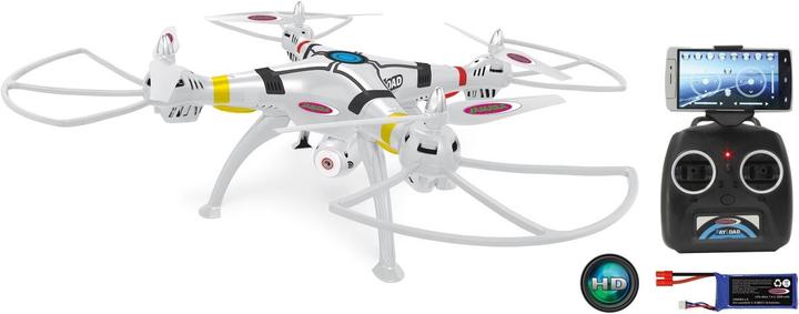 Manuale, Staffa ActionCam, Supporto per smartphone, Vite a testa svasata, Telecamera con scheda di memoria SD da 4 GB, Adattatore scheda di memoria USB, Pale del rotore di ricambio, Caricatore, Accumulatore di carica elettrica, Telecomando, Fare la modella