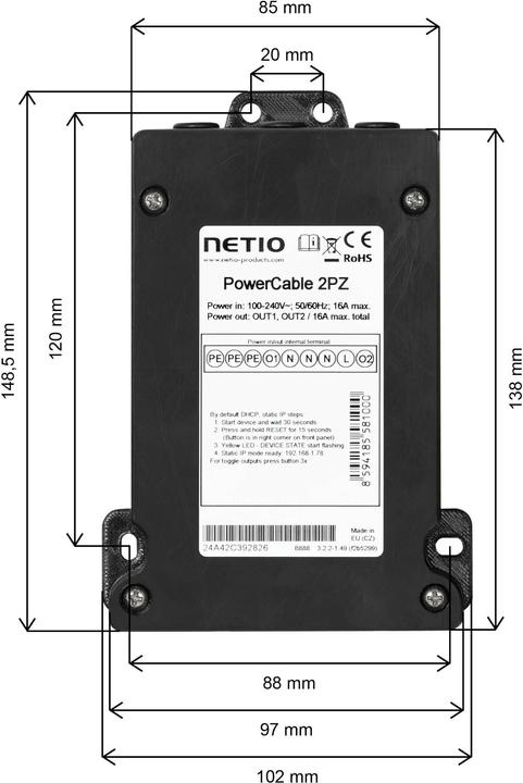 Actual product image Netio PDU PowerCable 2PZ 2x 230 V switched