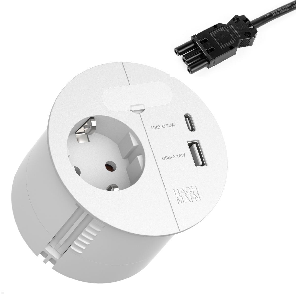 Bachmann, Steckdosenleiste, LOOP IN CHARGE Steckdose USB A/C Montagestecker, weiss (938.303) (1 x, CEE 7/3, 0.20 m)