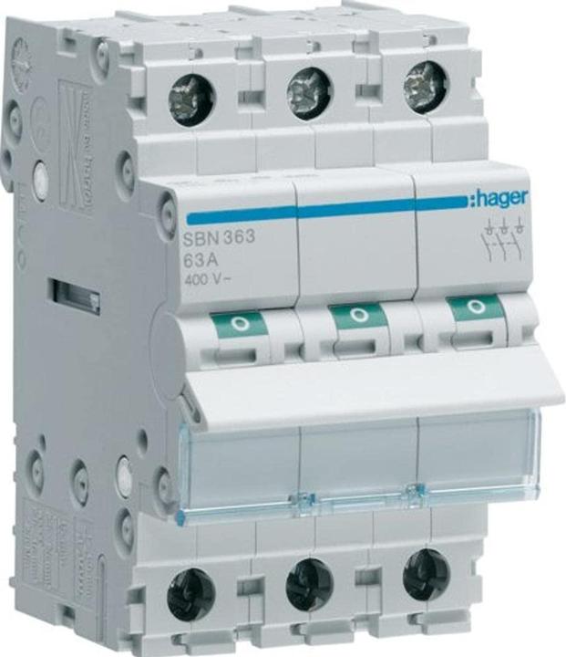 Image du produit Hager SBN363. Courant nominal : 63 A, Tension de la bobine (max) : 440 V. Quantité de modules (max) : 3
