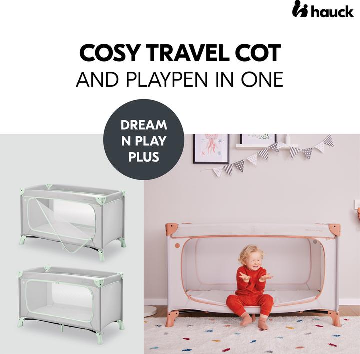 Productafbeelding Hauck Dream N Play Plus Travel Crib, dusty mint + Sleeper Mattress, 60 x 120 cm, Grey (60 x 120 cm)