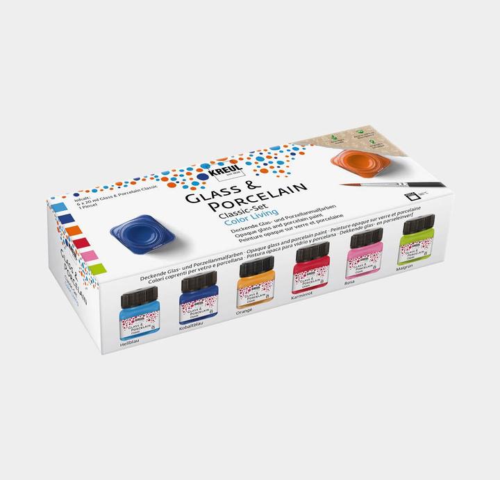 Actual product image Kreul Porcelain Paint "Glass & Porcelain" Color Living Set (Cobalt blue, May green, Orange, Light blue, Crimson, Rose, 120 ml)