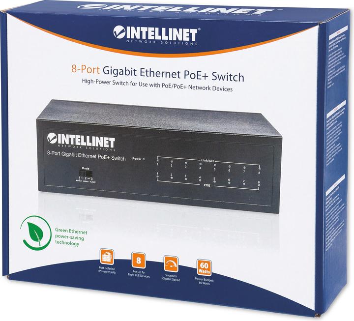 Produktbild Intellinet 8-Port PoE+ Gigabit Switch 8PoE+ Ports IEEE 802.3at/af Power-over-Ethernet PoE+/PoE-konform 60W D... (8 Ports)