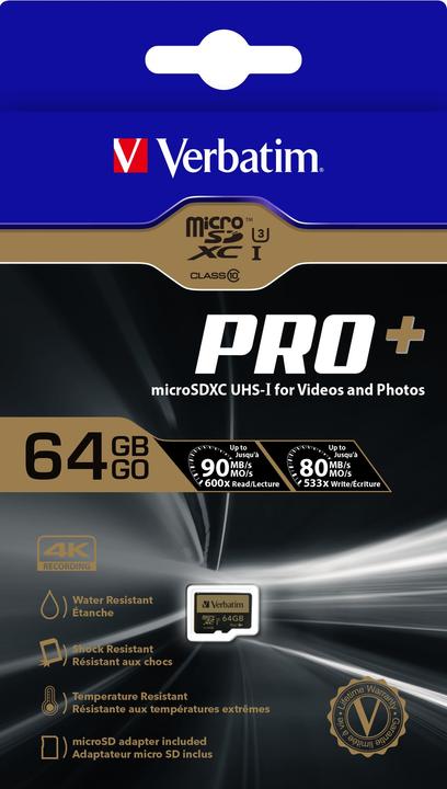 Produktbild Verbatim PRO+ (64 GB, microSDXC, U1, UHS-I)