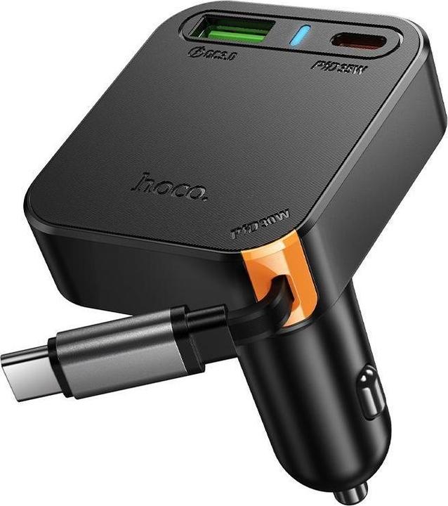 Hoco Auto charger Car charger wit retractable cable 2 x USB C + USB A QC PD 65W NZ18 black
