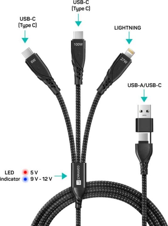 Produktbild Connect IT Charging Cable Wirez 6in1 - USB-C/USB - Lightning + 2x USB-C - 1.25m - black (1.25 m)