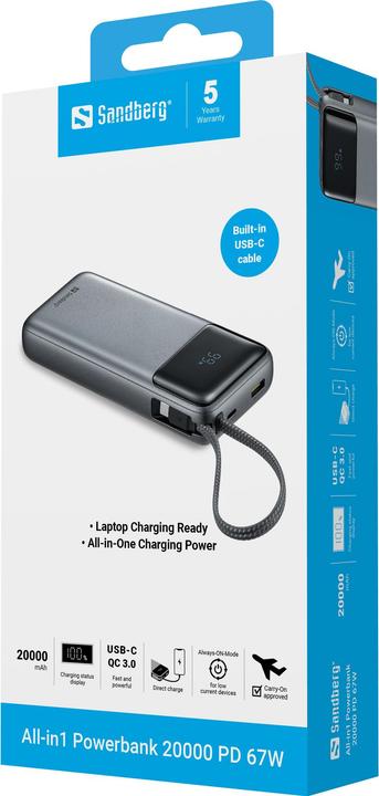Immagine prodotto Sandberg All-in1 Powerbank 20000 PD67W (20000 mAh, 67 W, 74 Wh)
