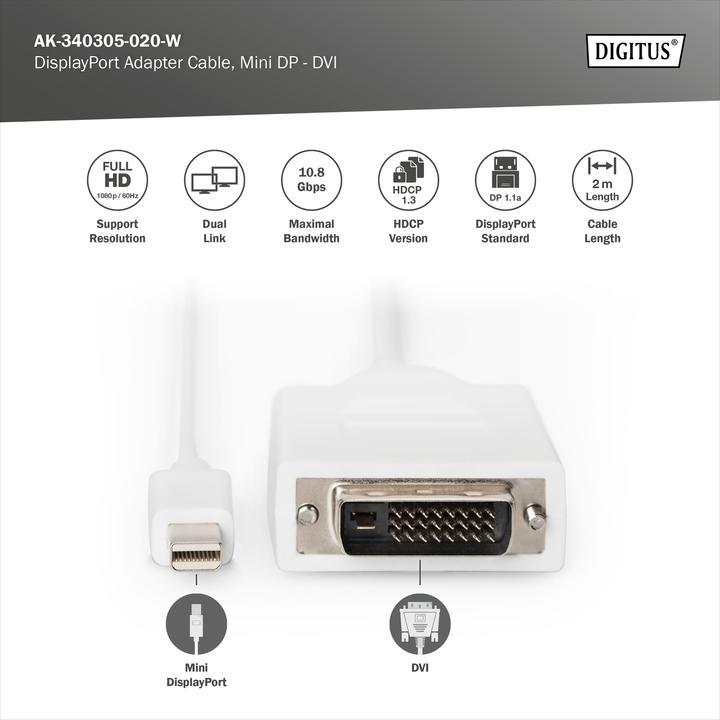 Produktbild Digitus Mini DisplayPort — DVI (2 m, DVI, DisplayPort)