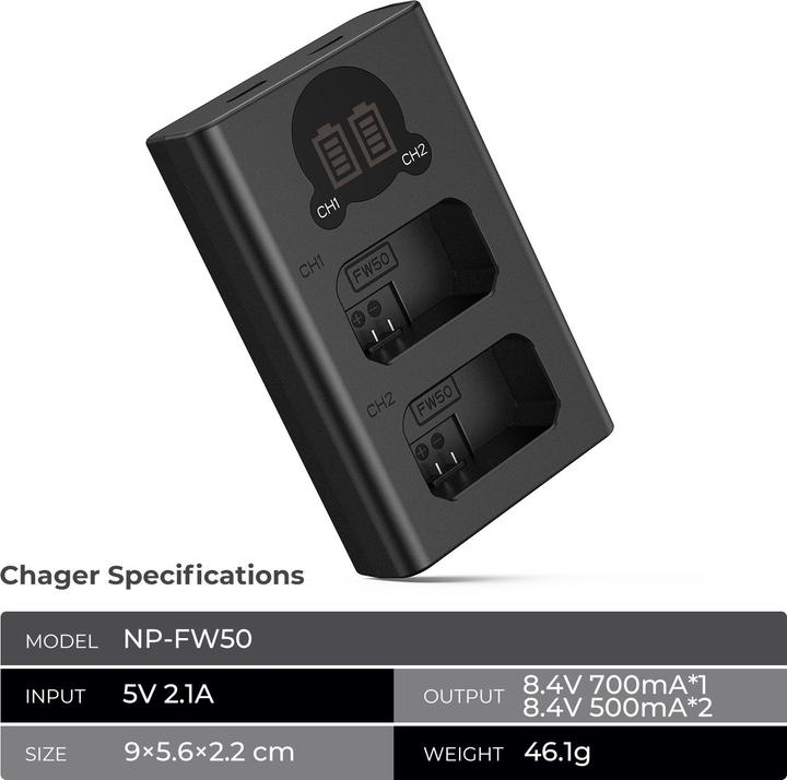 K&F Concept FW50 Digital Camera Dual Channel Type-C Charger with LCD Digital Display Screen (Kamera Akku Ladegerät)