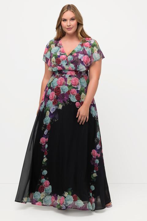 Image du produit Ulla Popken Robe maxi en mousseline à fleurs. Décolleté en V, manches courtes. (46)