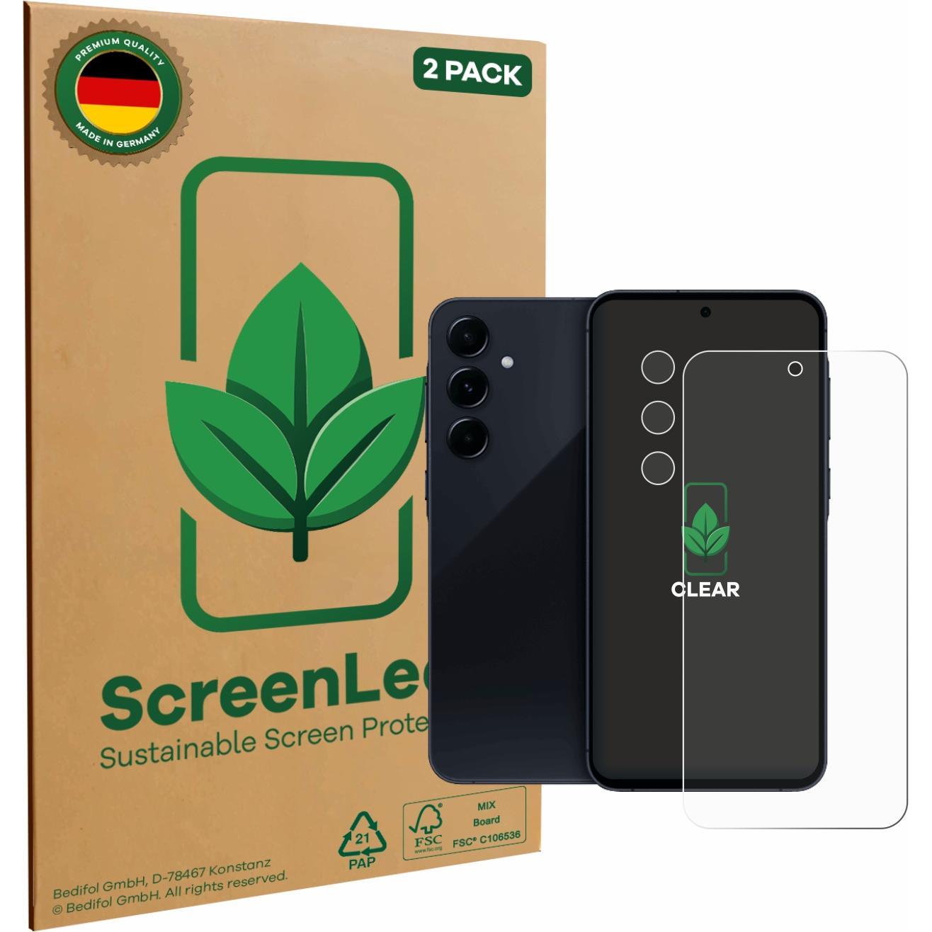 ScreenLeaf Schutzfolie nachhaltiger Displayschutz Display Schutz Folie Klar Transparent (2 Stück, Samsung Galaxy A55), S...