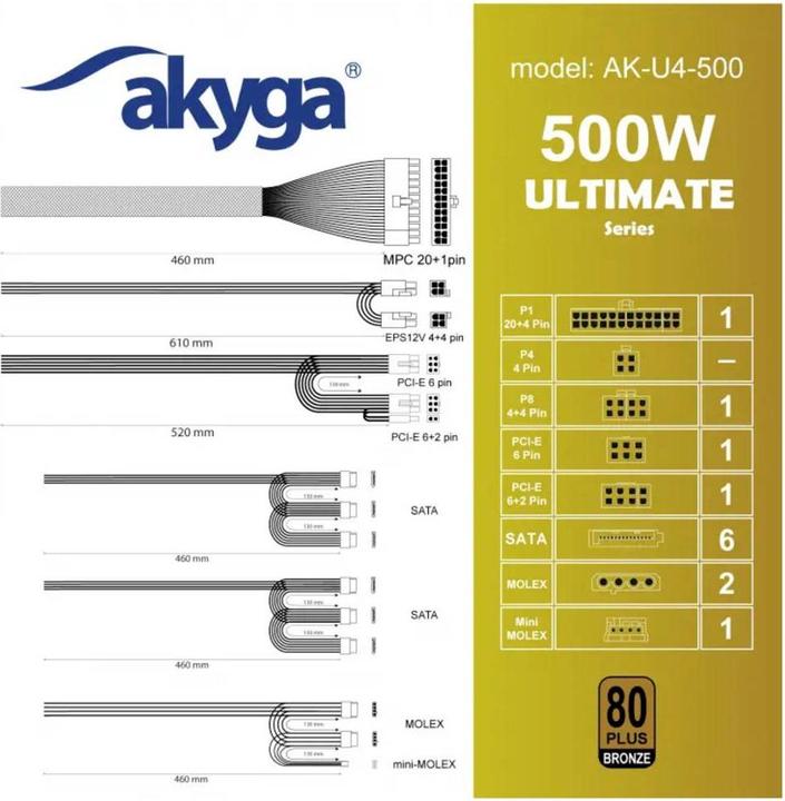 Immagine prodotto Akyga Alimentatore Ultimate ATX 500W AK-U4-500 80 PLUS Bronze PCI-E PFC (500 W)