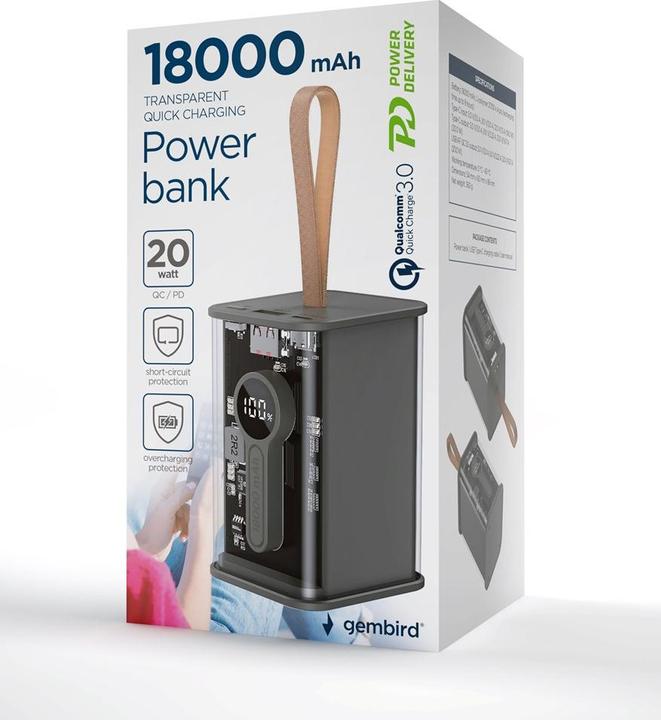 Actual product image Gembird Power Bank transparentny szybkie ładowanie QC3.0 18000 mAh czarny (38 W, 37 Wh)