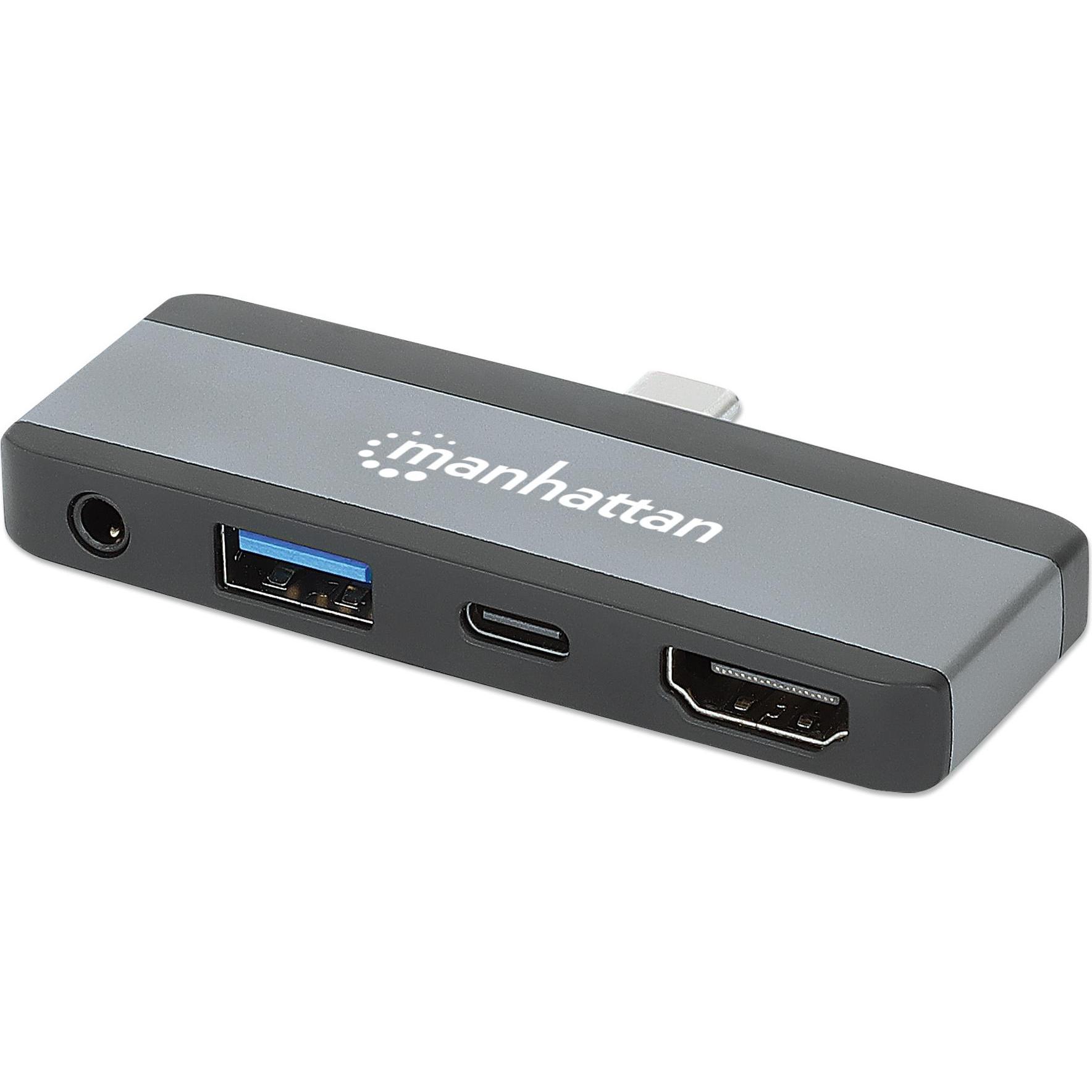 Manhattan Docking station mobile da USB-C PD a HDMI 4-in-1 per computer portatili e tablet (USB-C, 4 porte), Docking station + Hub USB, Grigio