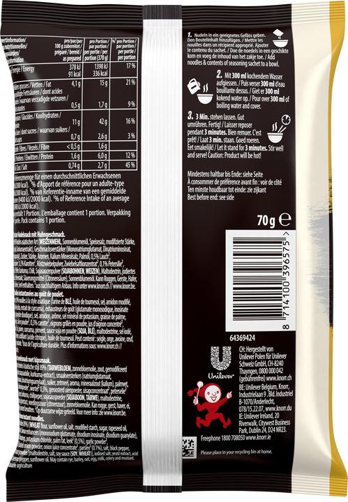 Valeurs nutritives et ingrédients Knorr Asia Noodles Chicken sachet, Nouilles asiatiques au poulet & aux légumes, prêtes en 3 minutes (70 g)