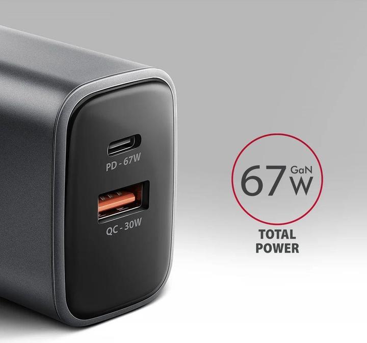 Produktbild Axagon ACU-PQ67, GaN nabíječka do sítě 67W, výstup USB-A + USB-C, PD3.0/PPS/QC4+/SFC2.0/Apple (67 W, 2 Ports)