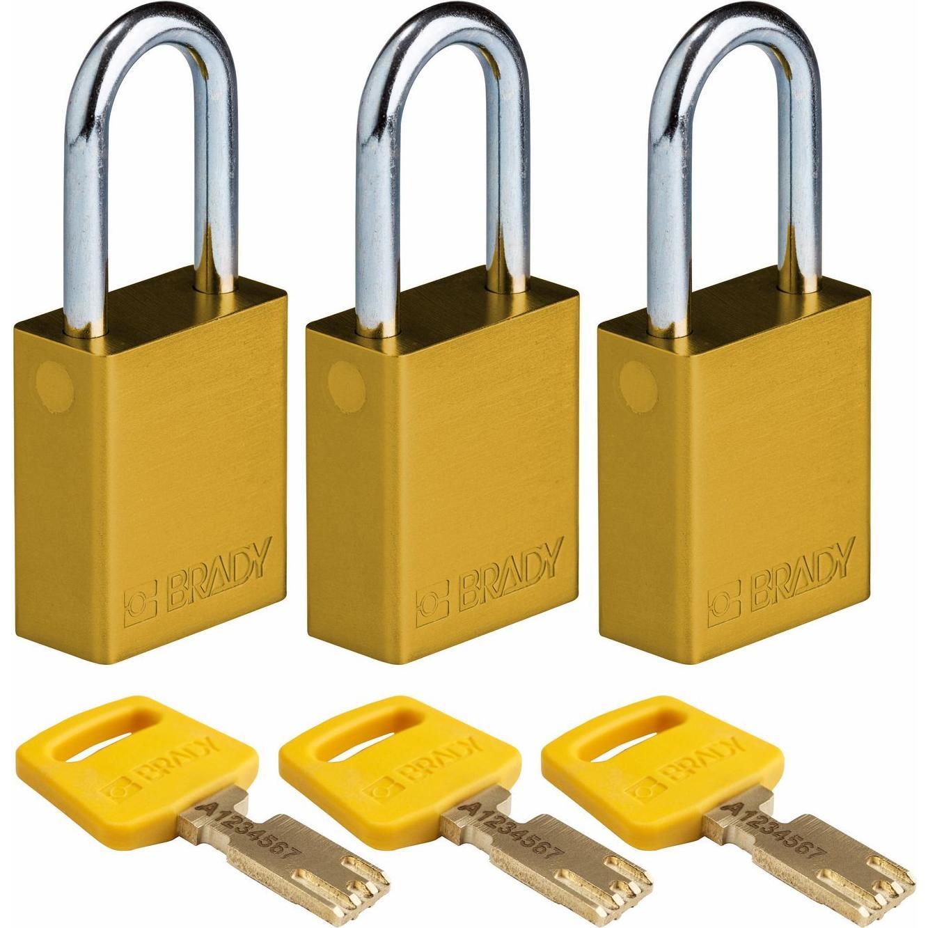 Brady, Vorhängeschloss, Safekey Aluminium-Vorhängeschloss mit Stahlbügel, Gelb, 38 mm Bügelhöhe, 6.4 mm Bügeldurchme